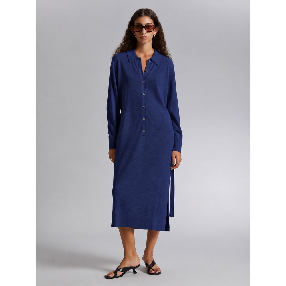 & Other Stories Women 100% Wool Dress Knitted Polo Midi S Navy Long Sleeve Slit